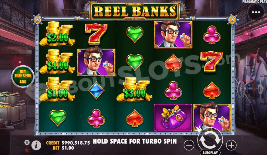 Grid of Reel Banks slot with spinning reels and a bank vault in the background.