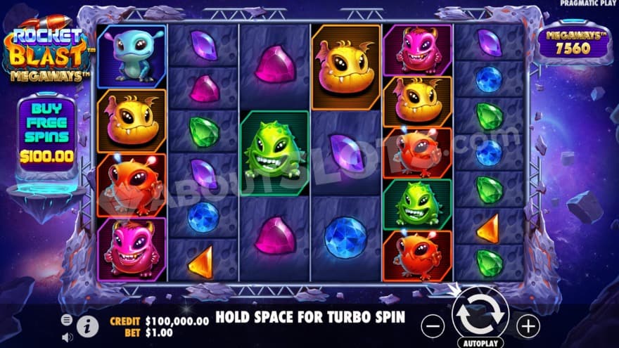 Base game with colorful aliens on the reels.