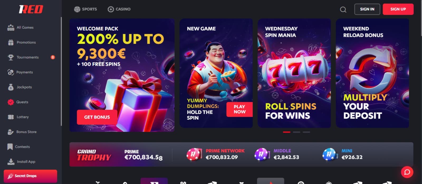 1Red Casino landing page with the bonus offer banners displaying animated graphics, side navigation options and registering option at the top
