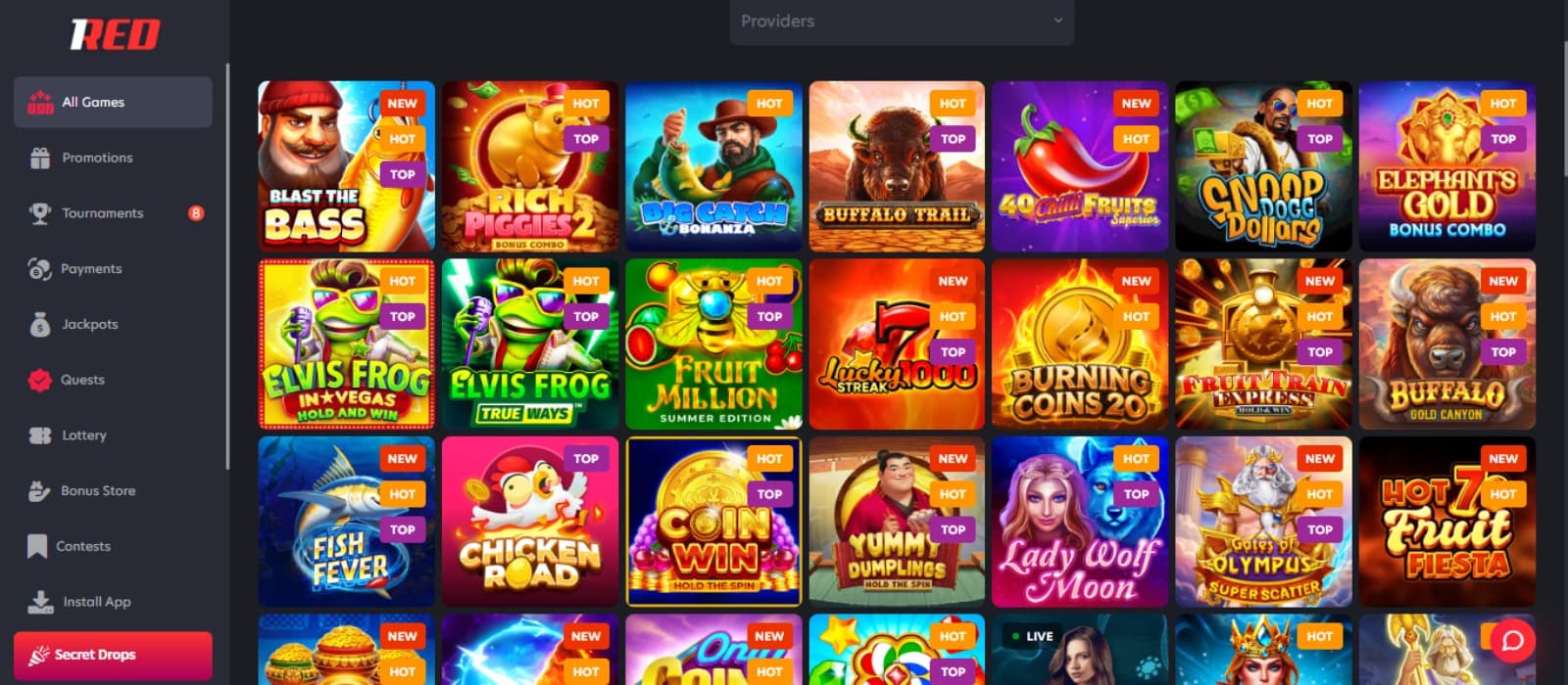 1Red Casino games page with the colorful slot game icons, side navigation menus and a filter box for game providers