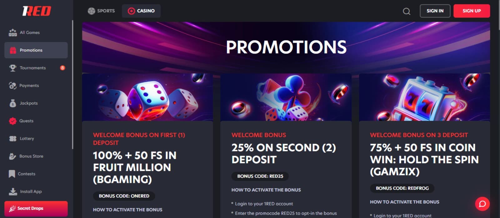 1Red Casino promotions page with the colorful bonus offer banners and casino navigation menus at the left side and registering option at the top right
