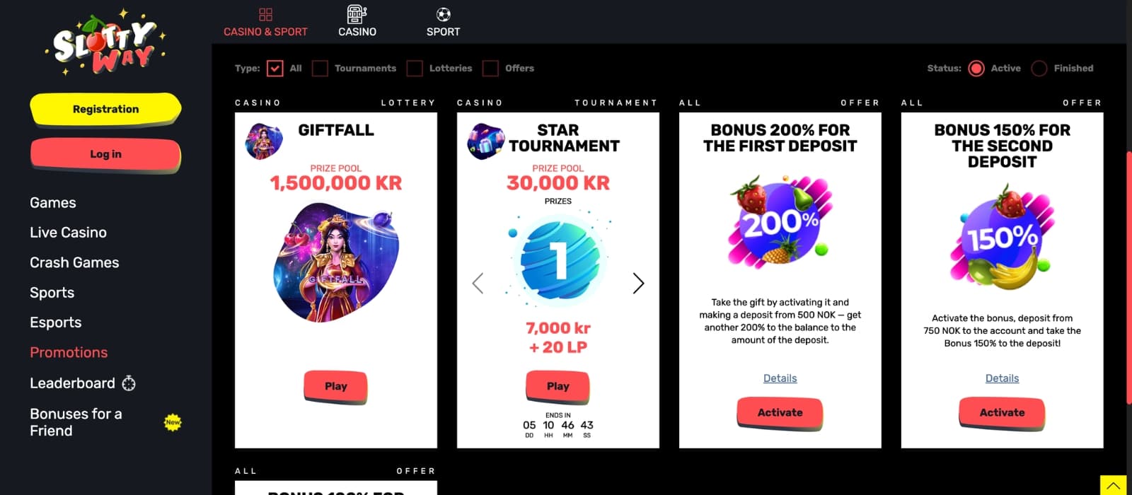 Promotions section on SlottyWay with deposit bonuses and reload rewards