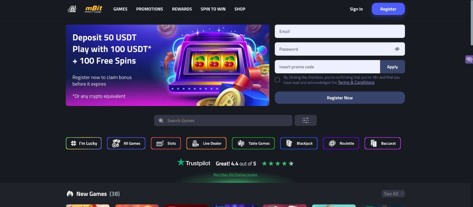 Main landing screen of mBit showing welcome bonus banners and game sections