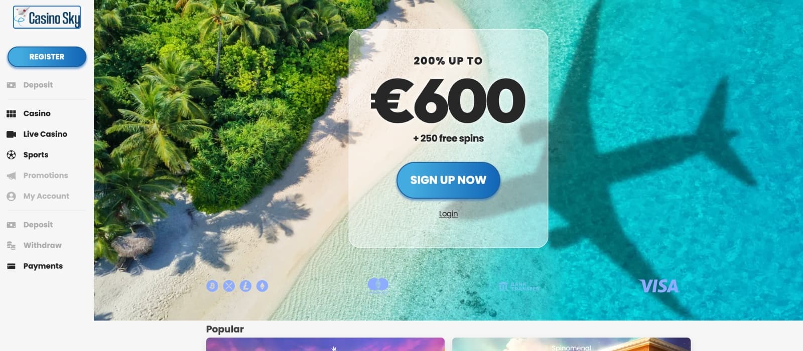 CasinoSky promotions page displaying deposit bonuses, free spins and cashback offers