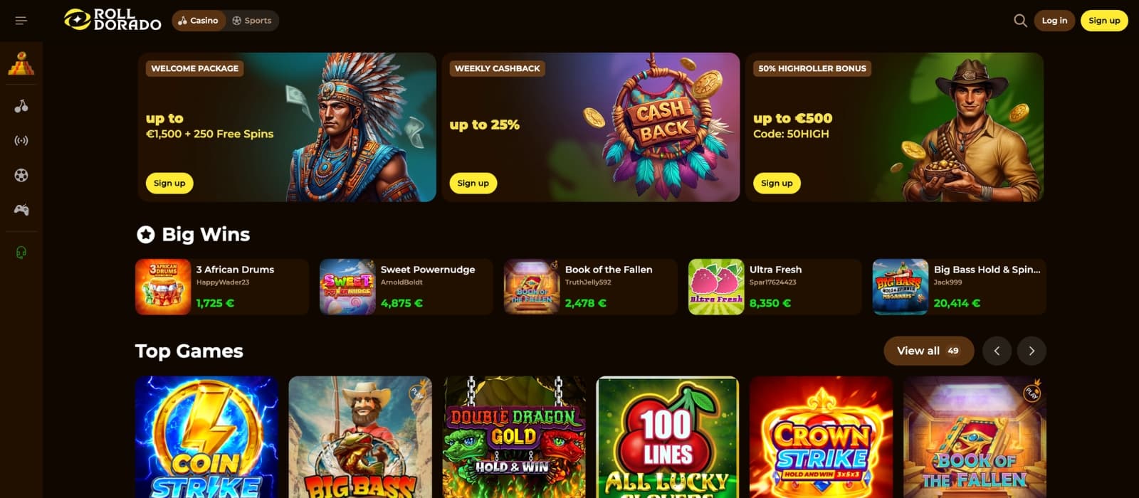 Rolldorado casino homepage with promotional banners and featured slot games