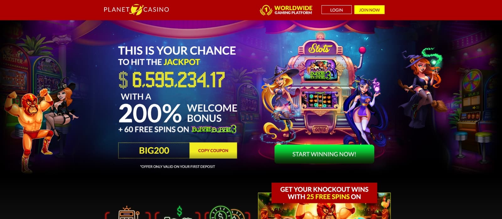 V.Vegas Casino homepage showing welcome bonus banner, featured slot games and dark casino interface