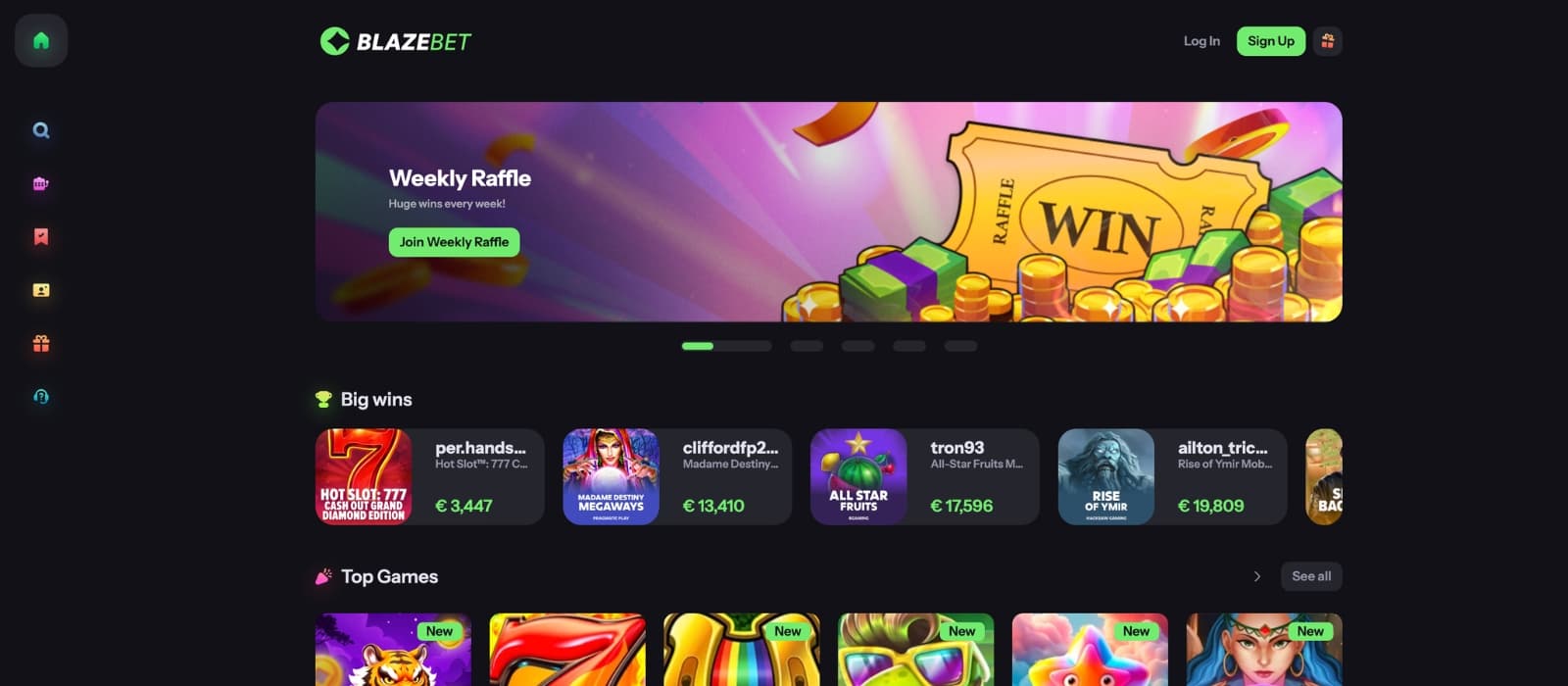 Blazebet casino homepage with promotional banners and featured slot games