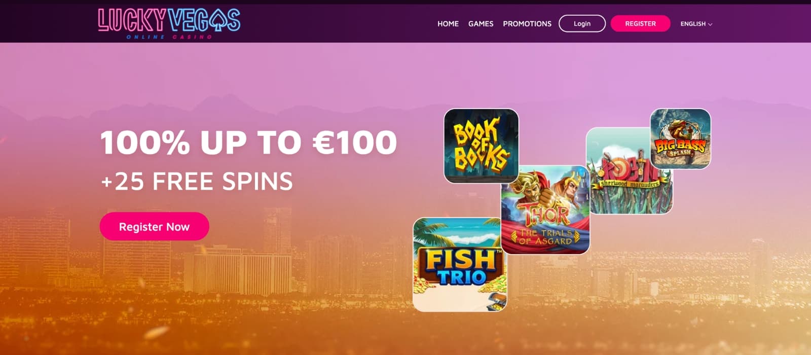Landing page of LuckyVegas online casino showing the welcome bonus and slot games