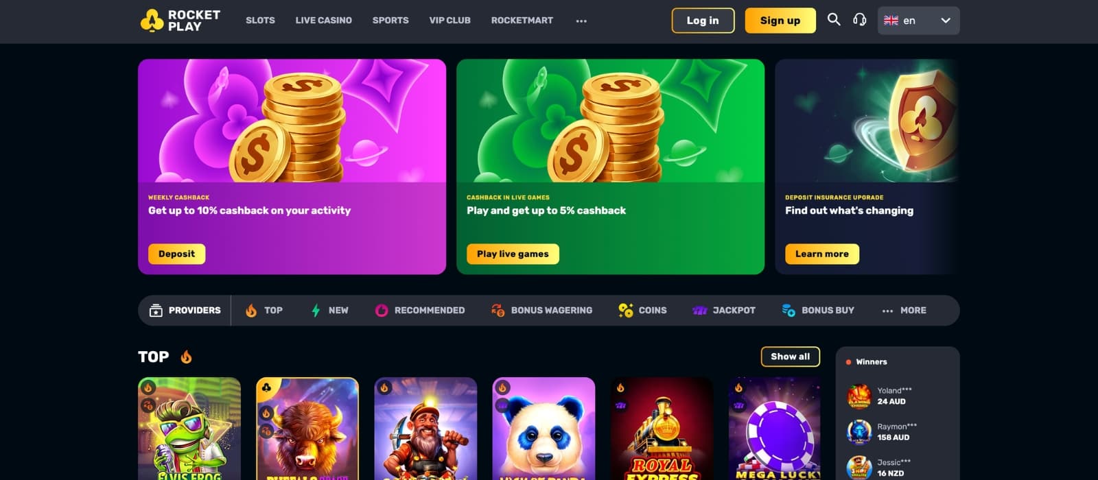 RocketPlay Casino homepage featuring a modern dark-themed design with promotional banners, featured slot games, sportsbook sections, and navigation for casino categories and player rewards.
