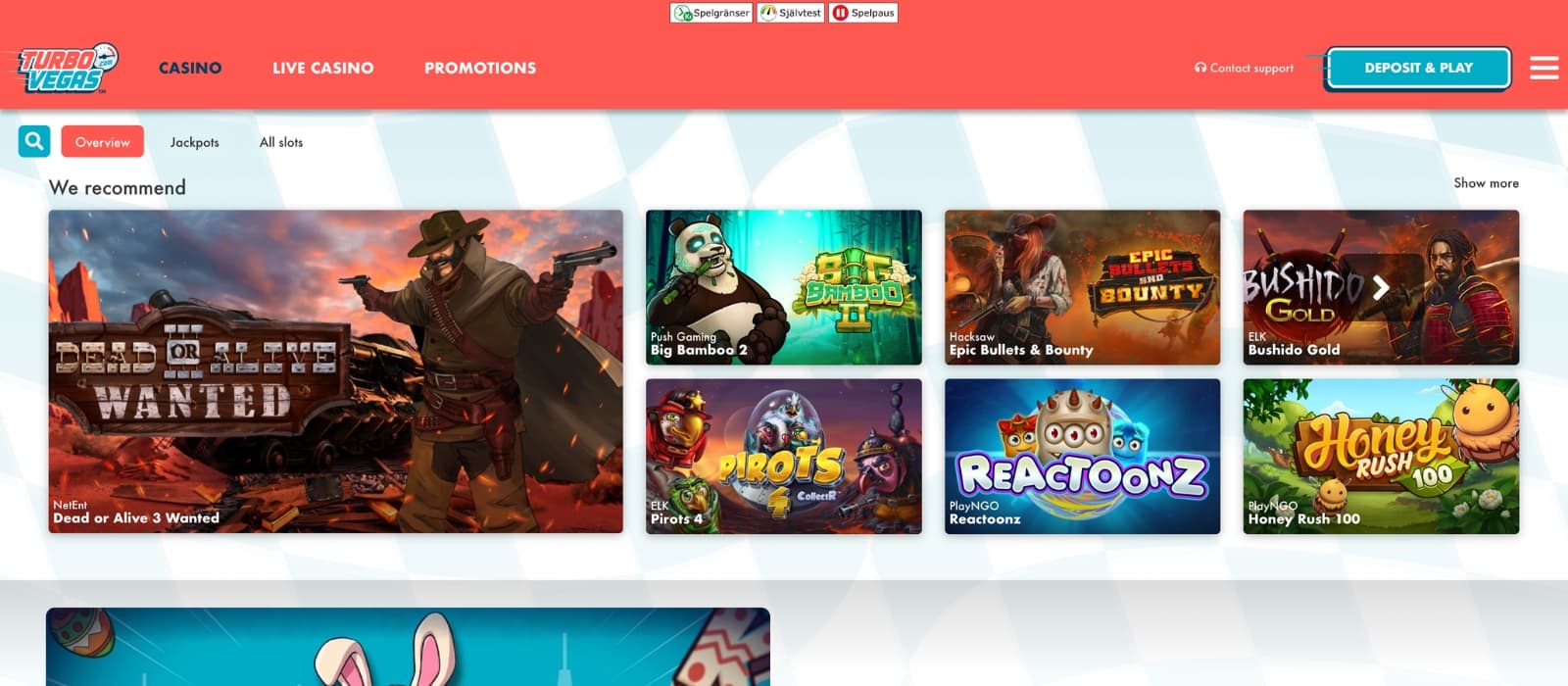 TurboVegas Casino homepage showing dark modern interface, welcome bonus banner, and featured slot game categories