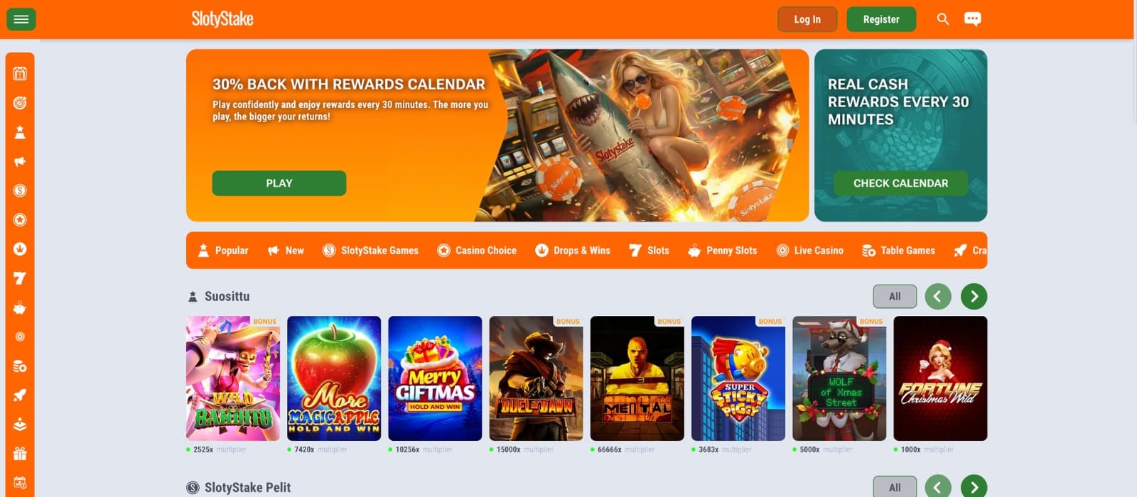 SlotyStake Casino homepage with orange-themed design and featured welcome bonus banner