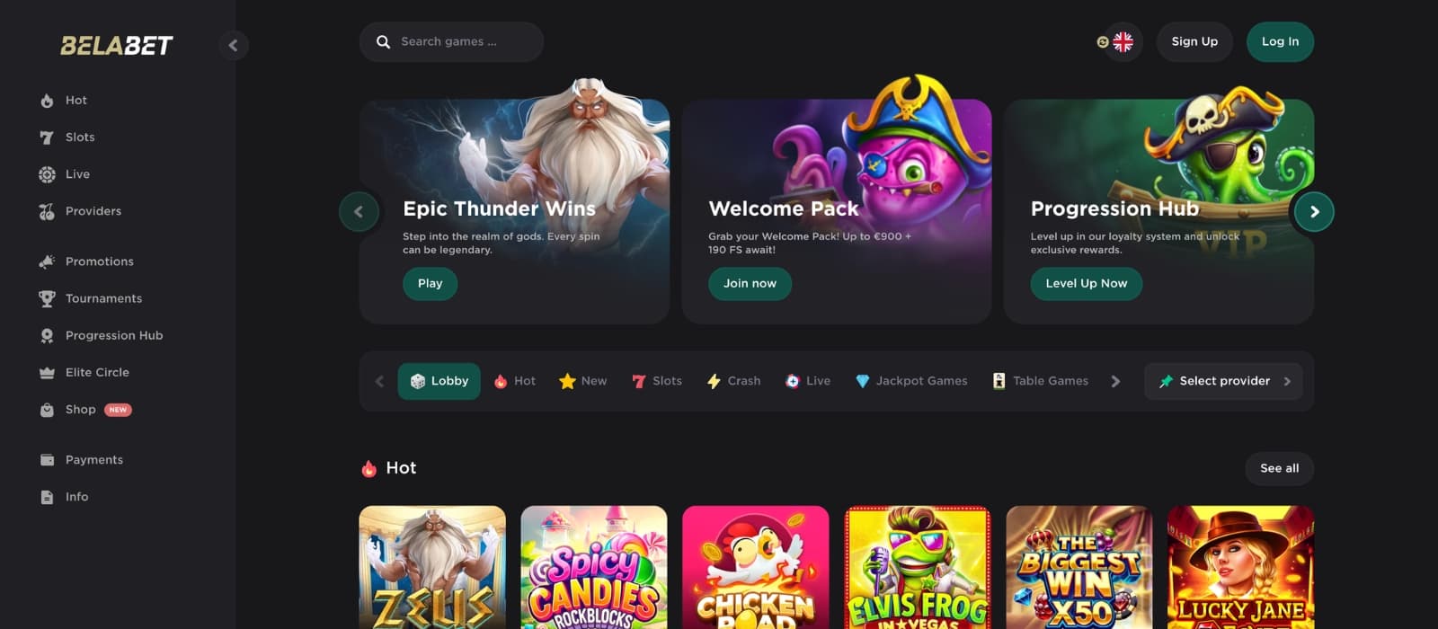 BelaBet Casino homepage showing sportsbook navigation, welcome bonus banner and featured casino games