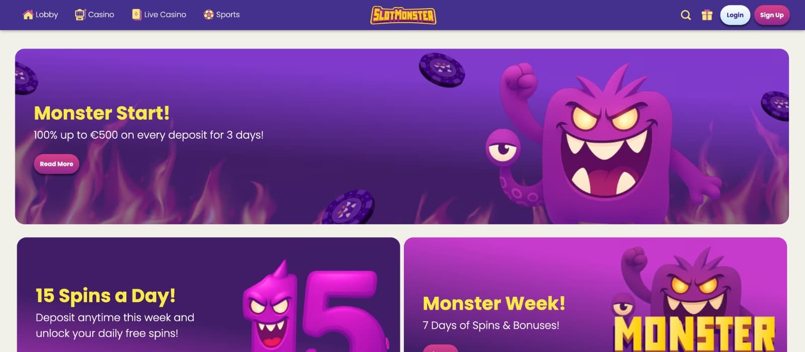 SlotMonster Casino homepage showing dark-themed interface, welcome bonus banner and featured slot games
