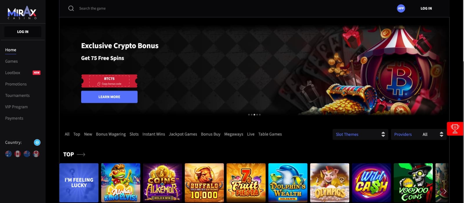 Mirax Casino homepage showing crypto welcome bonus banner, featured slot games and modern dark casino interface