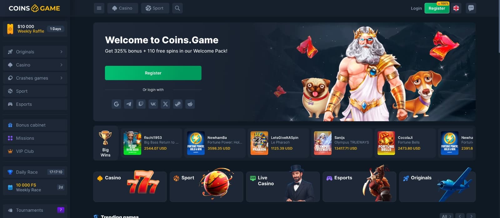 Coins.Game homepage featuring a crypto-focused casino design with featured games, sportsbook promotions, esports betting sections, and navigation for casino categories and player rewards.