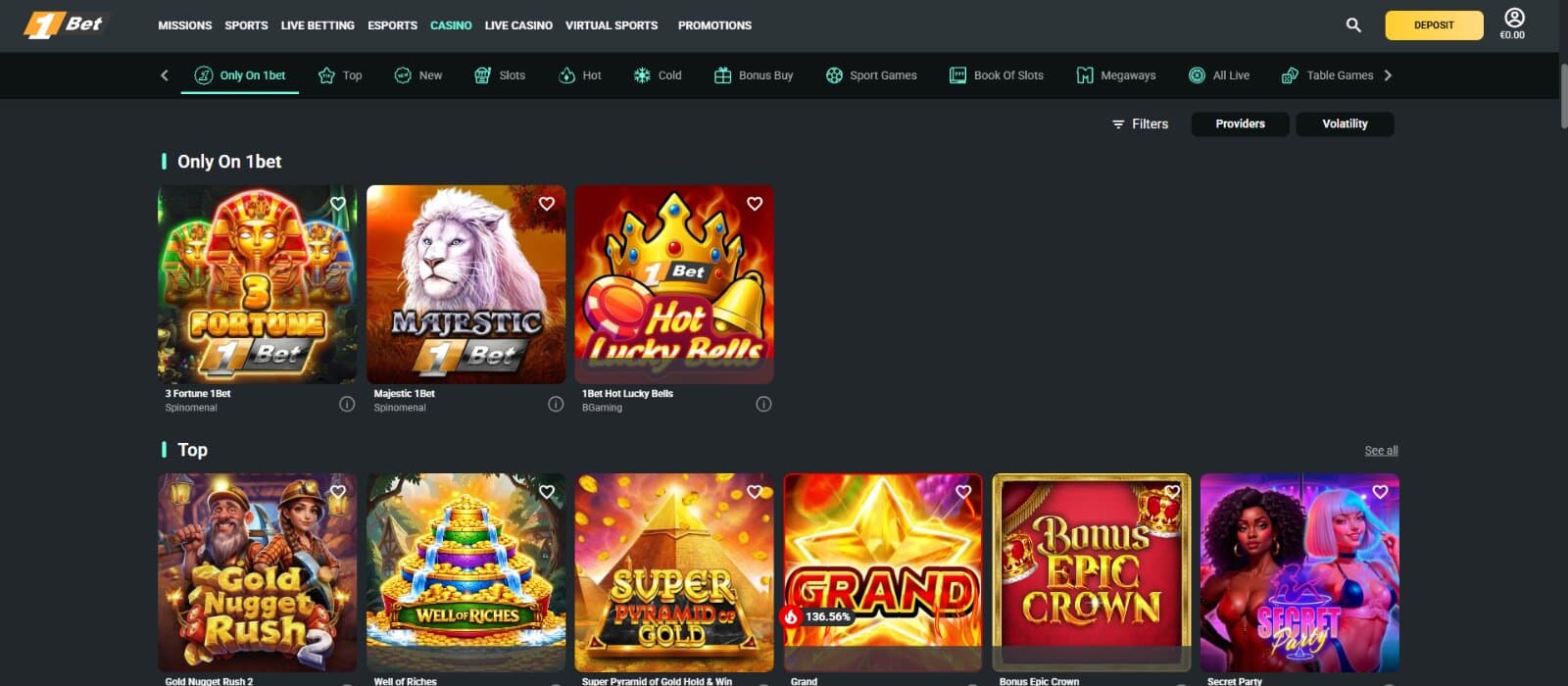 The games page of 1Bet Casino showcases the only on 1Bet game category.