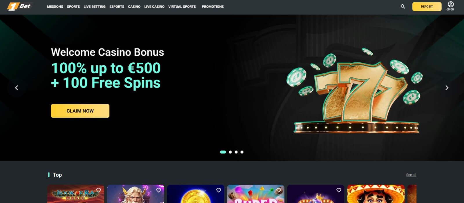 The landing page of 1Bet Casino shows the welcome bonus of 100% up to €500 plus 100 free spins.