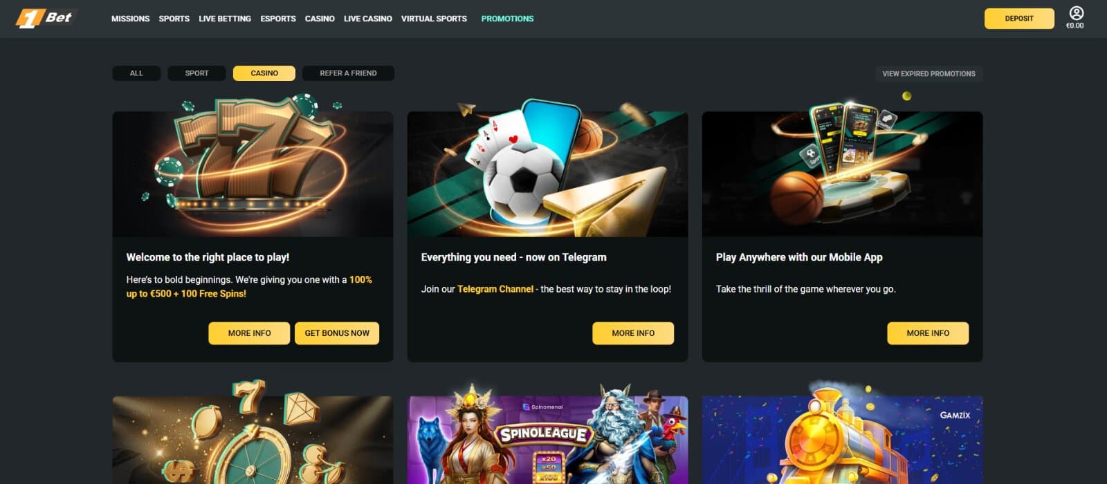The promotions page of 1Bet Casino displays the welcoem bonus and more.