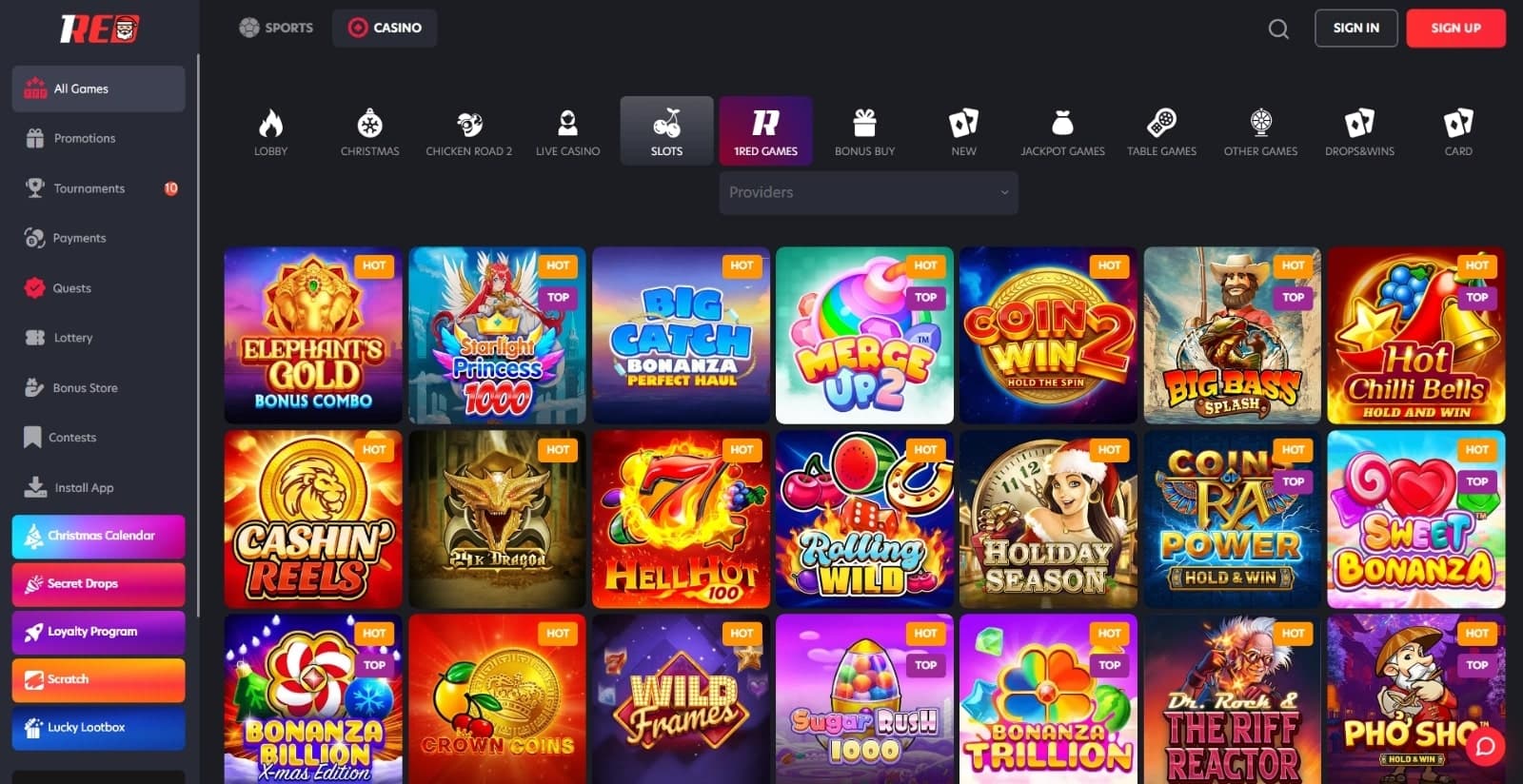 1Red Casino games page with slot game icons, side navigation menus and a filter box for game providers