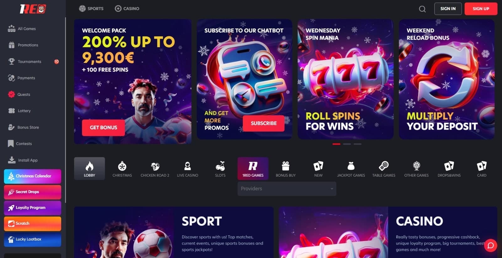 1Red Casino landing page featuring the 200% welcome bonus, free spins, and weekend reload bonus banners above game categories and side menu navigation