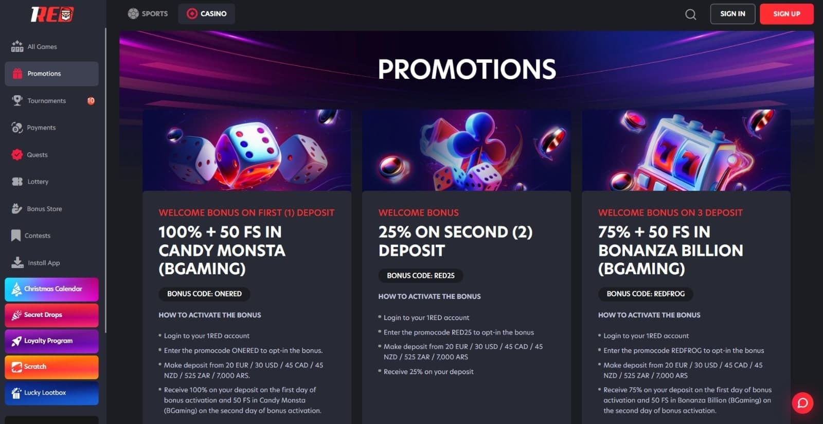1Red Casino promotions page with the welcome and reload bonus offer banners and descriptions