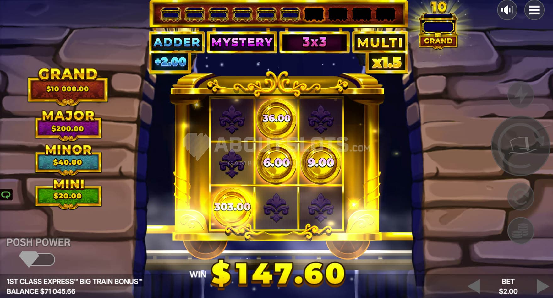 Screenshot of the Big Train Bonus in progress, with the 3x3 feature triggered.