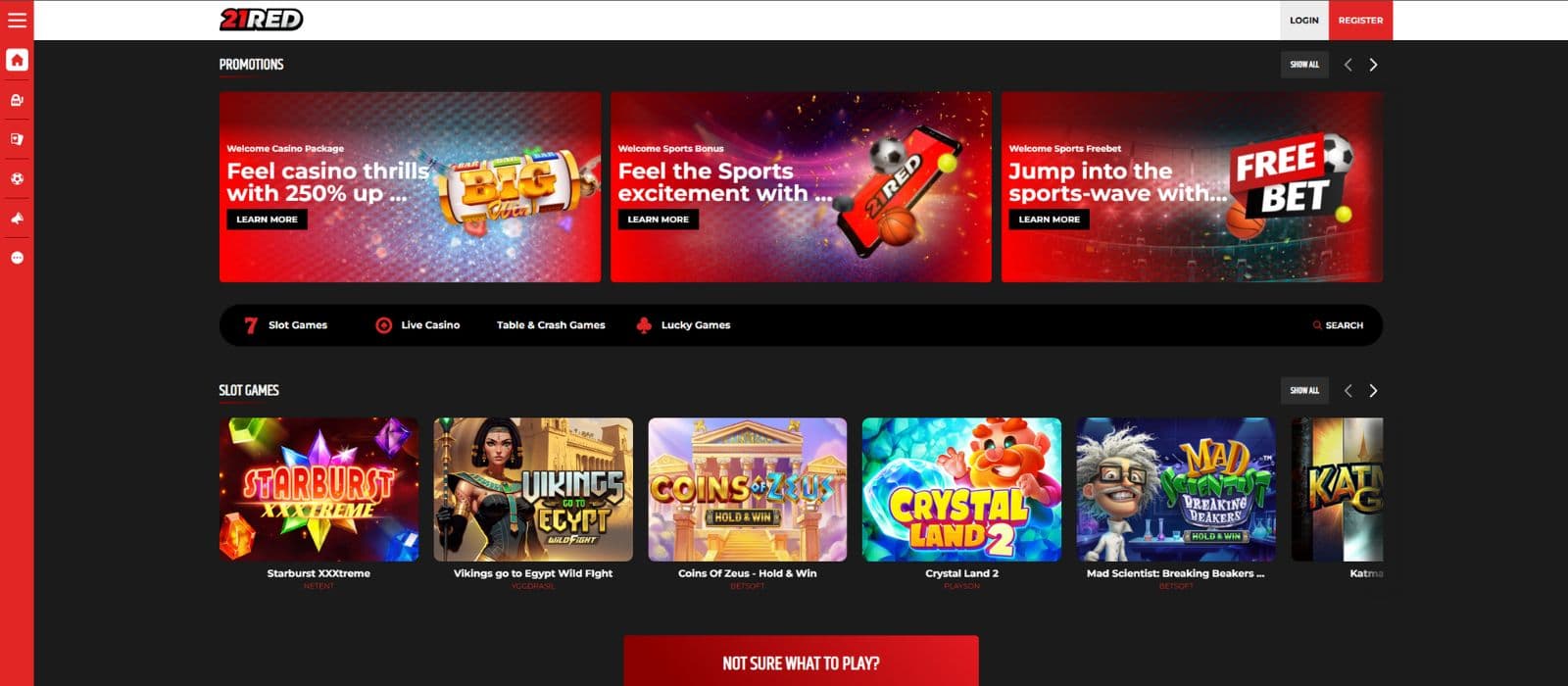 21Red landing page showing a few bonus offers, games and game categories