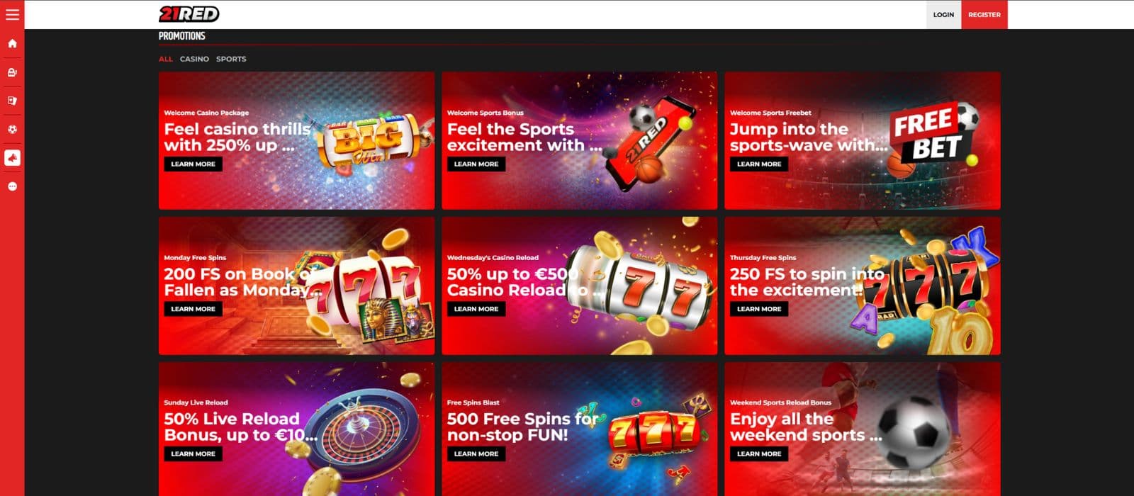 21Red promotions page showing the available bonuses and promotions