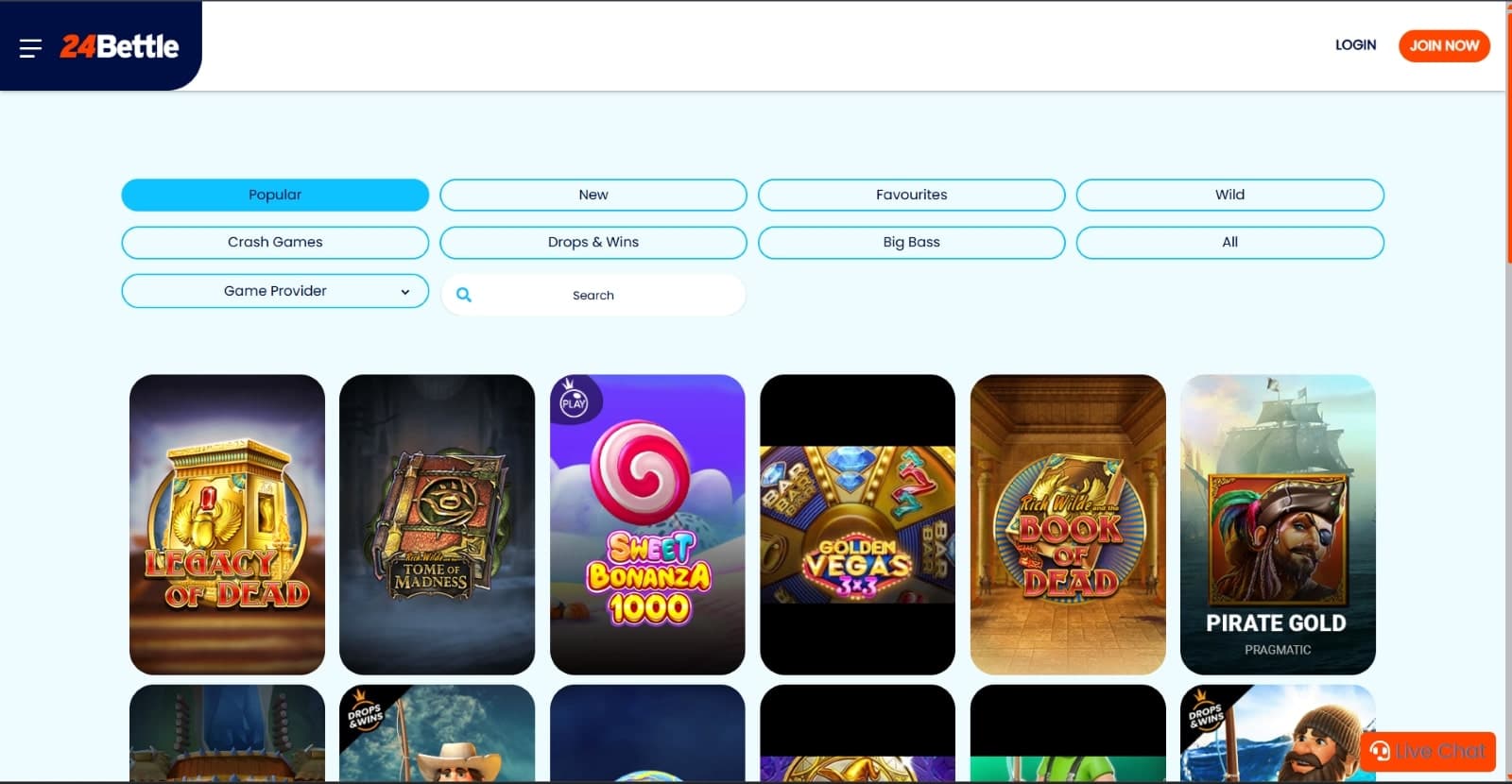 The games page of 24Bettle Casino presents a rich selection of popular slot games, including Legacy of Dead, Sweet Bonanza 1000 and many others