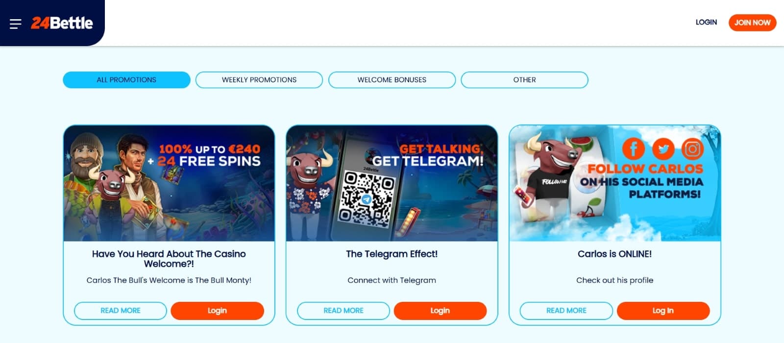 24Bettle Casino promotions page displays several casino bonuses, such as social media bonuses, welcome bonus, and more.