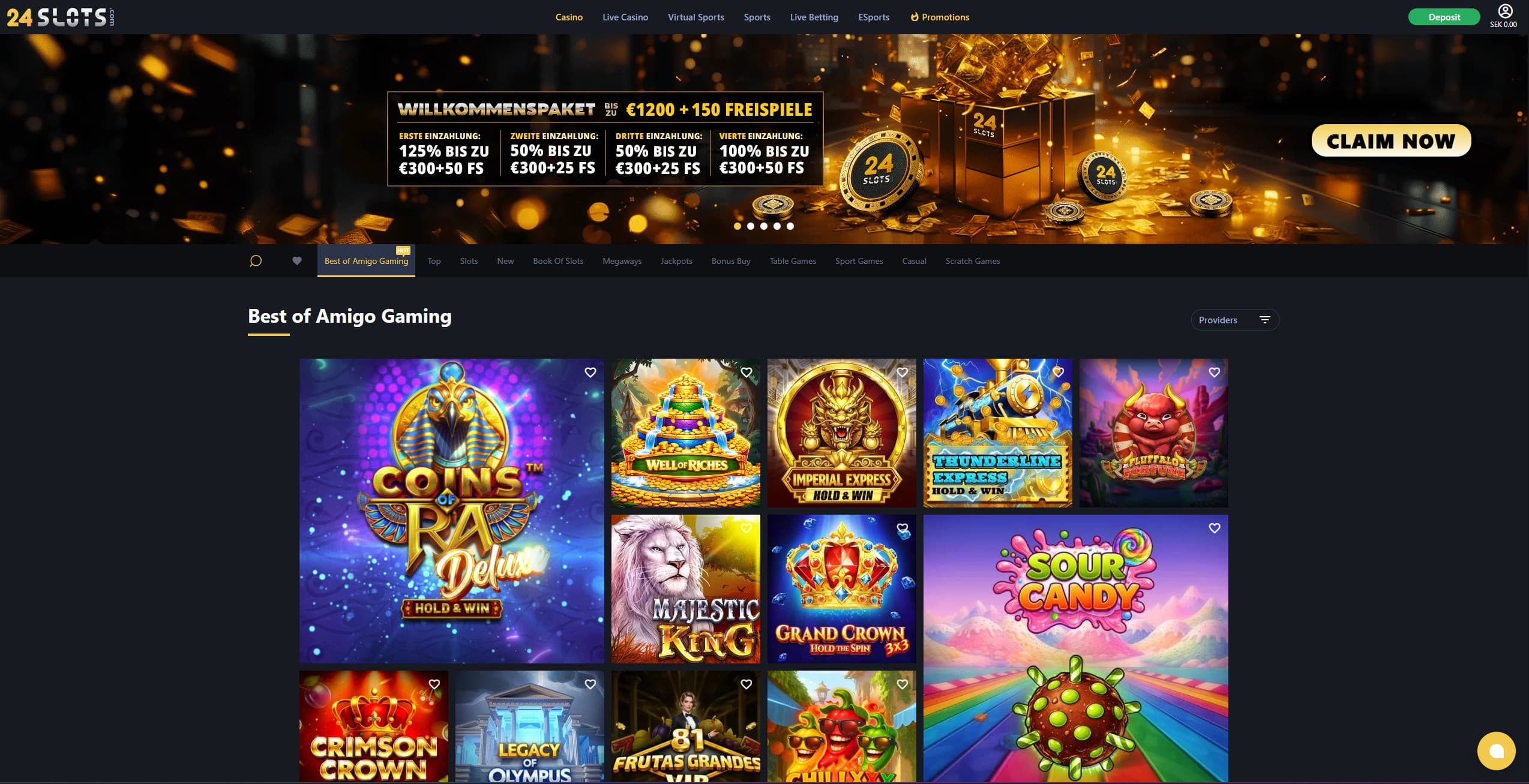 24Slots Games Page showing a selection of slots and the welcome bonus package
