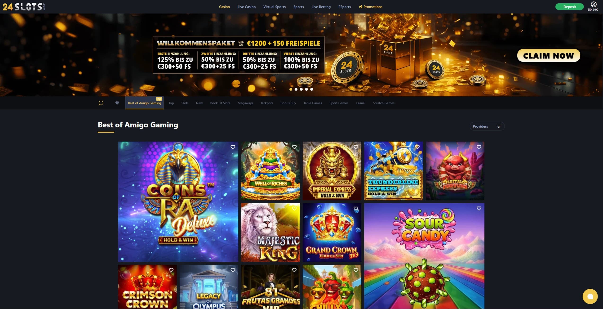 24Slots Landing Page showing a selection of slots, the main menu and the welcome bonus offer