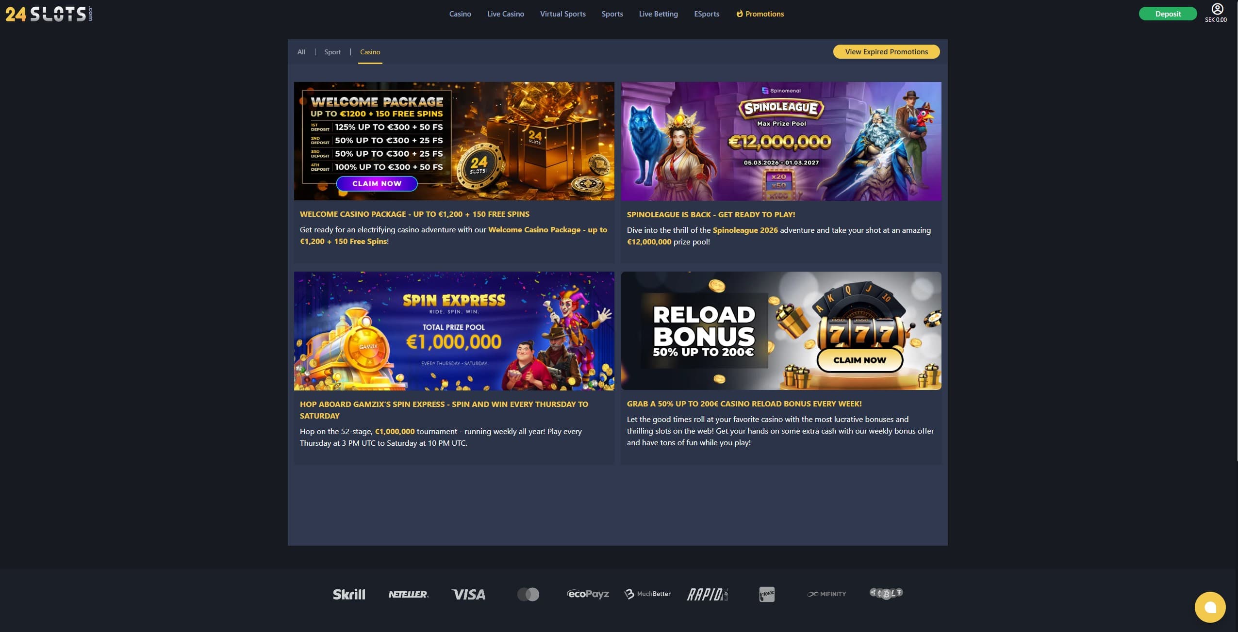 24Slots Promotions Page showing the available bonuses and promotions