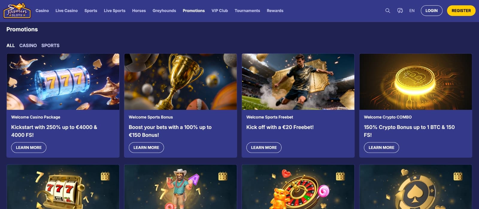 Jasmin Slots Casino promotions page displaying deposit bonus, free spins and weekly cashback offers