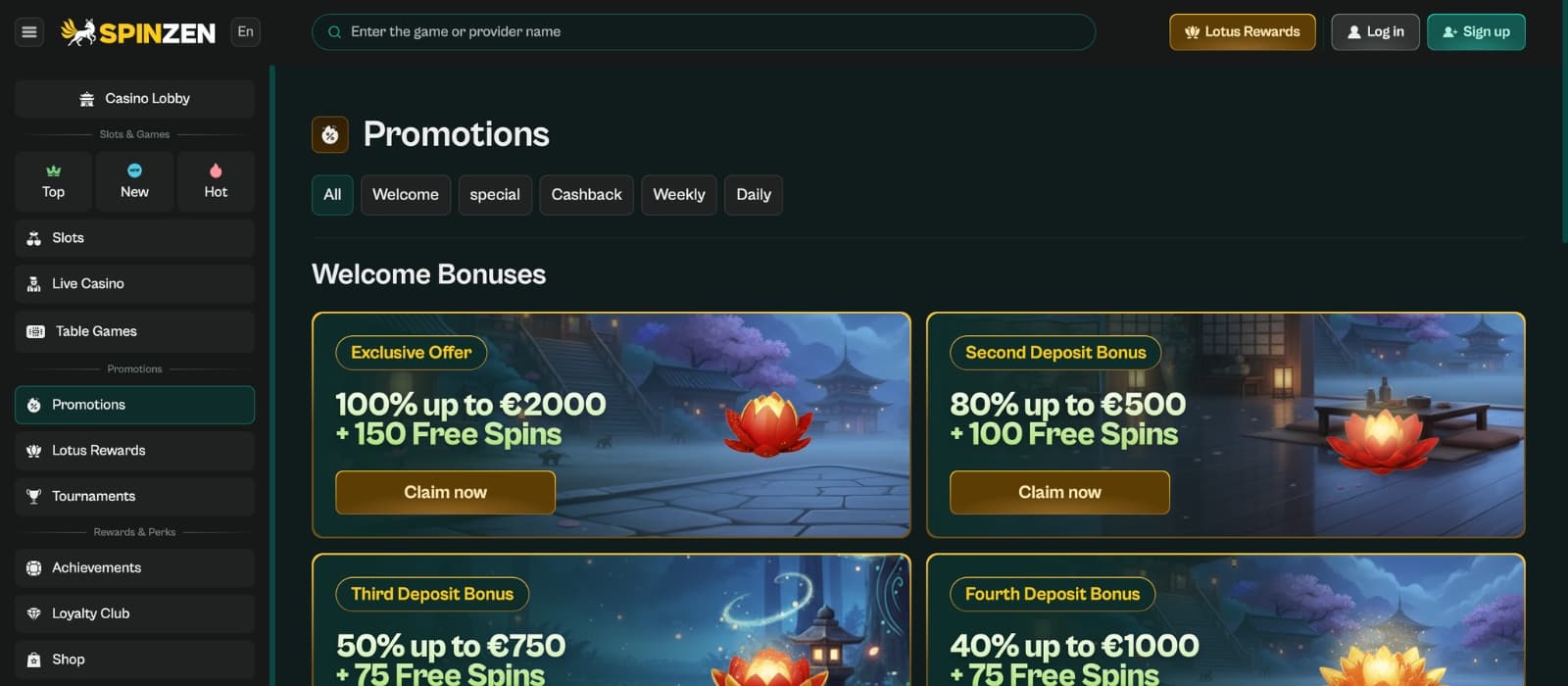 Spinzen Casino bonus page showing welcome offer details and promotion banners