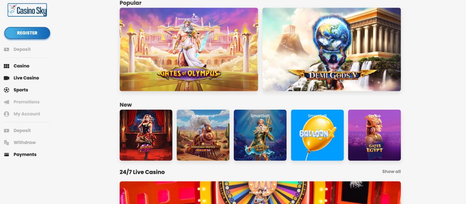 CasinoSky homepage showing welcome bonus banner, featured slot games and modern casino interface
