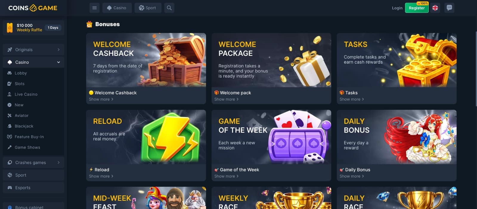 Coins.Game bonus page displaying crypto casino promotions including welcome bonuses, cashback offers, free spins, rakeback rewards, and VIP benefits in a modern dark-themed interface.