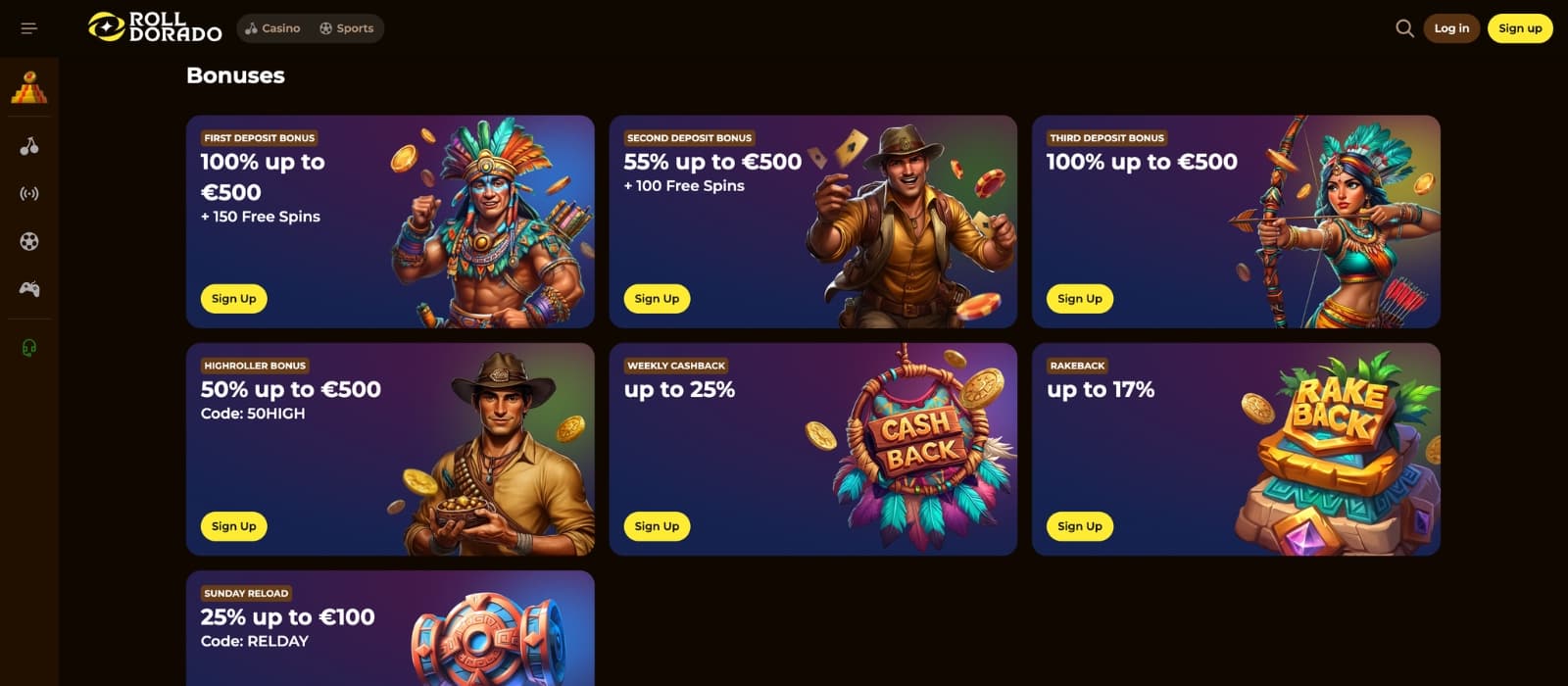 Rolldorado casino bonus page showing welcome offers and free spins promotions