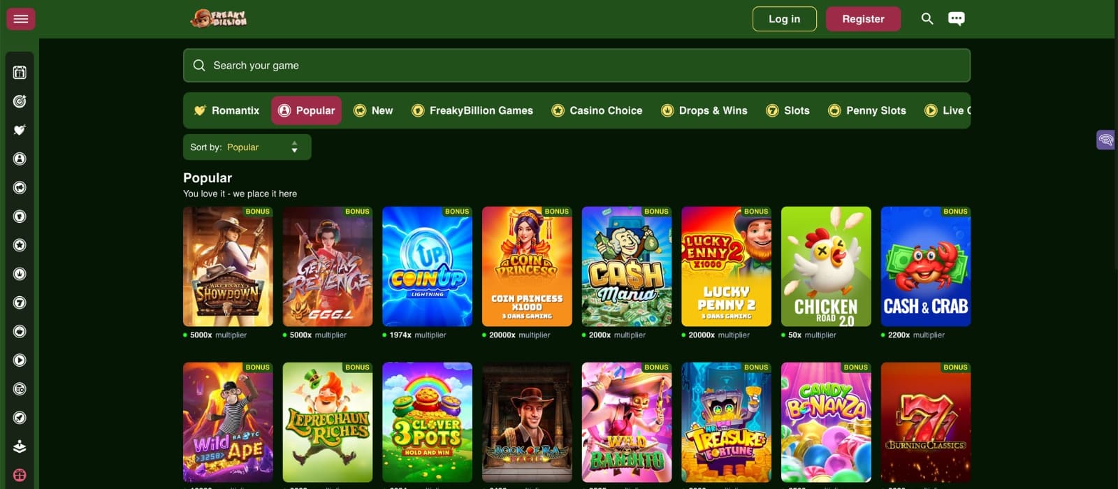 FreakyBillion Casino's games page listing the popular slot game icons, alongside the search function, game category tabs and feature sorting feature