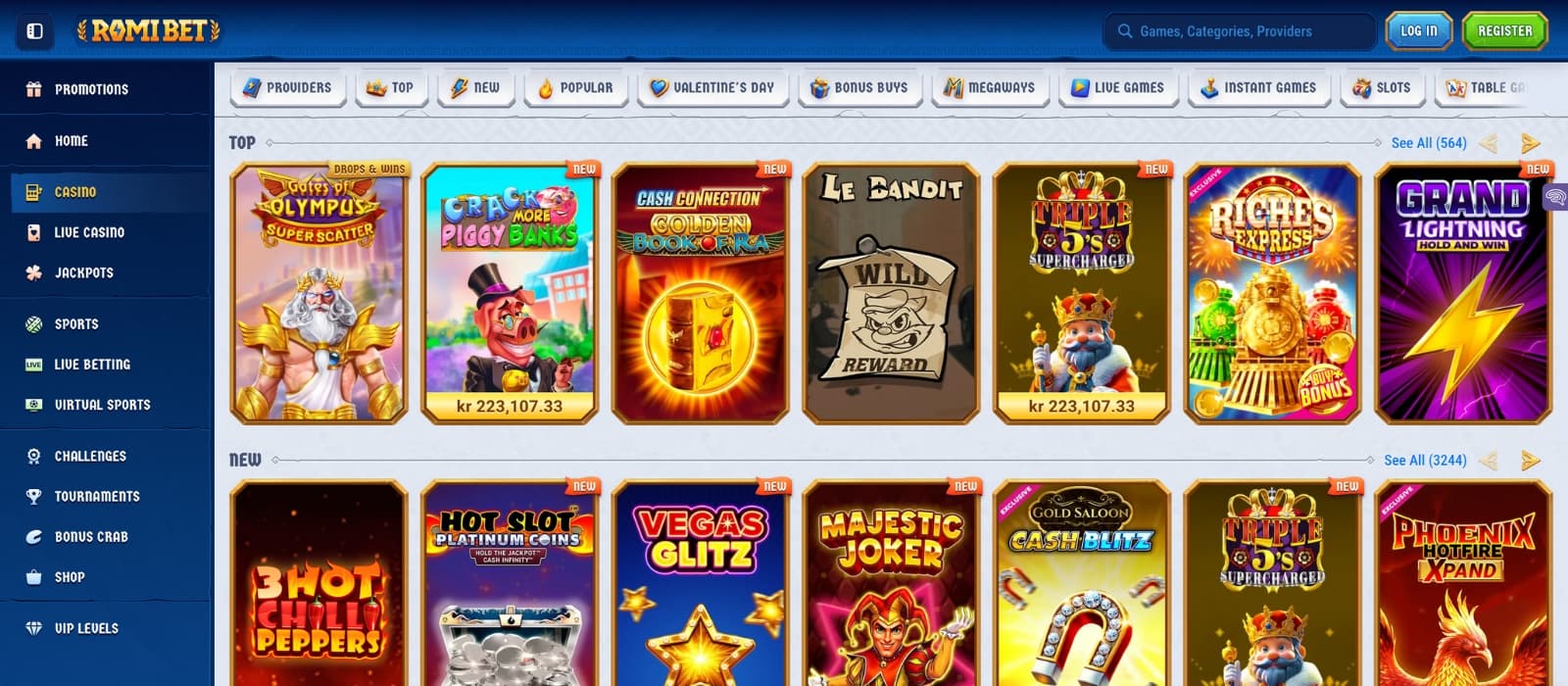 Overview of Romibet casino offers with bonus amounts, wagering terms, and claim buttons