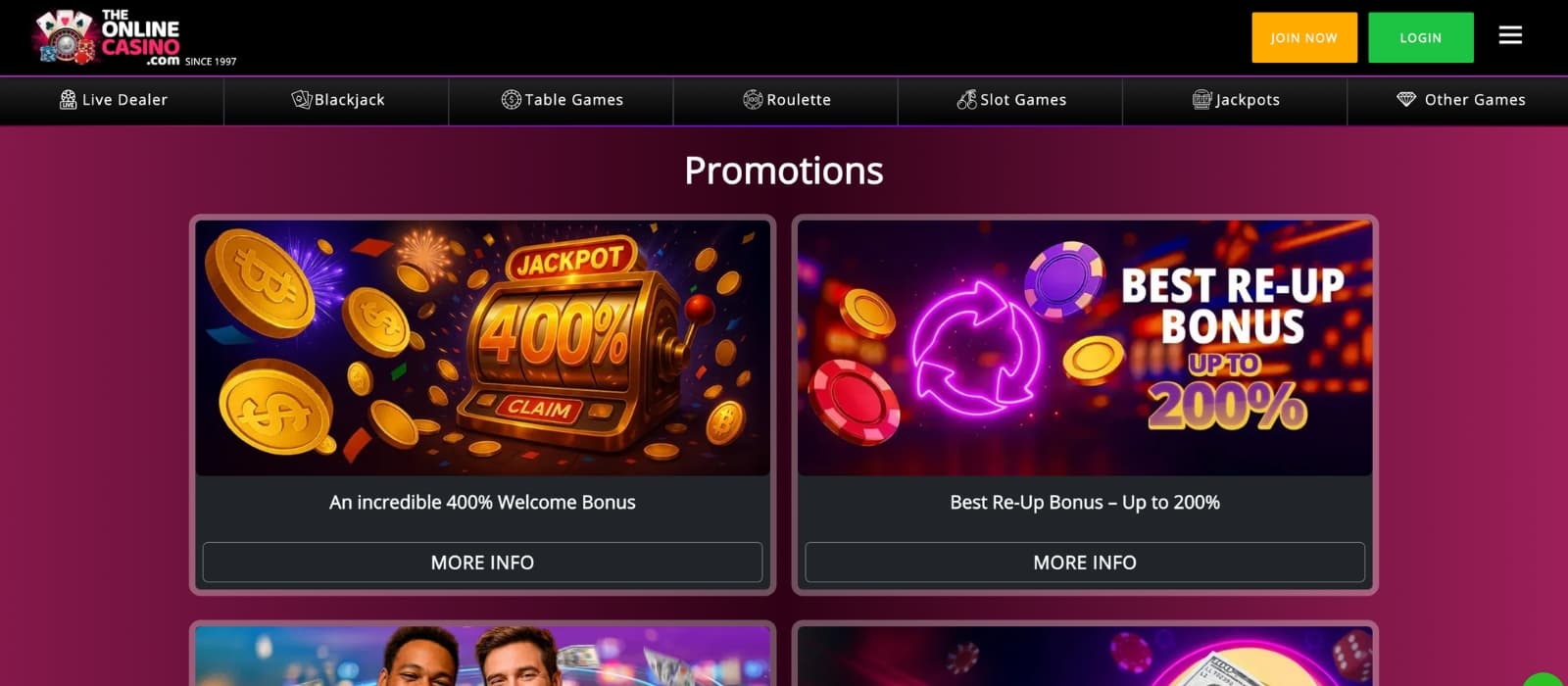 TheOnlineCasino promotions page displaying welcome offer and cashback bonuses