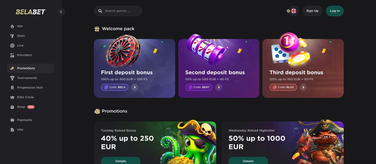 BelaBet Casino promotions page displaying sportsbook offers, casino bonuses and free spins promotions