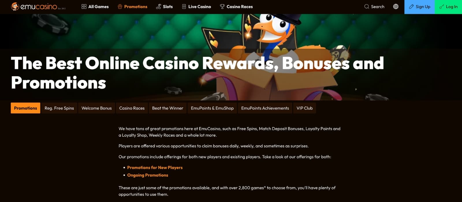 Emu Casino bonuses page displaying welcome package details, deposit match offers, wagering requirements, and promotional terms and conditions.