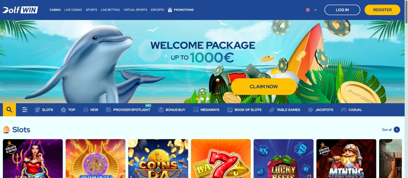 Slot interface on DolfWin showing spinning reels and betting controls