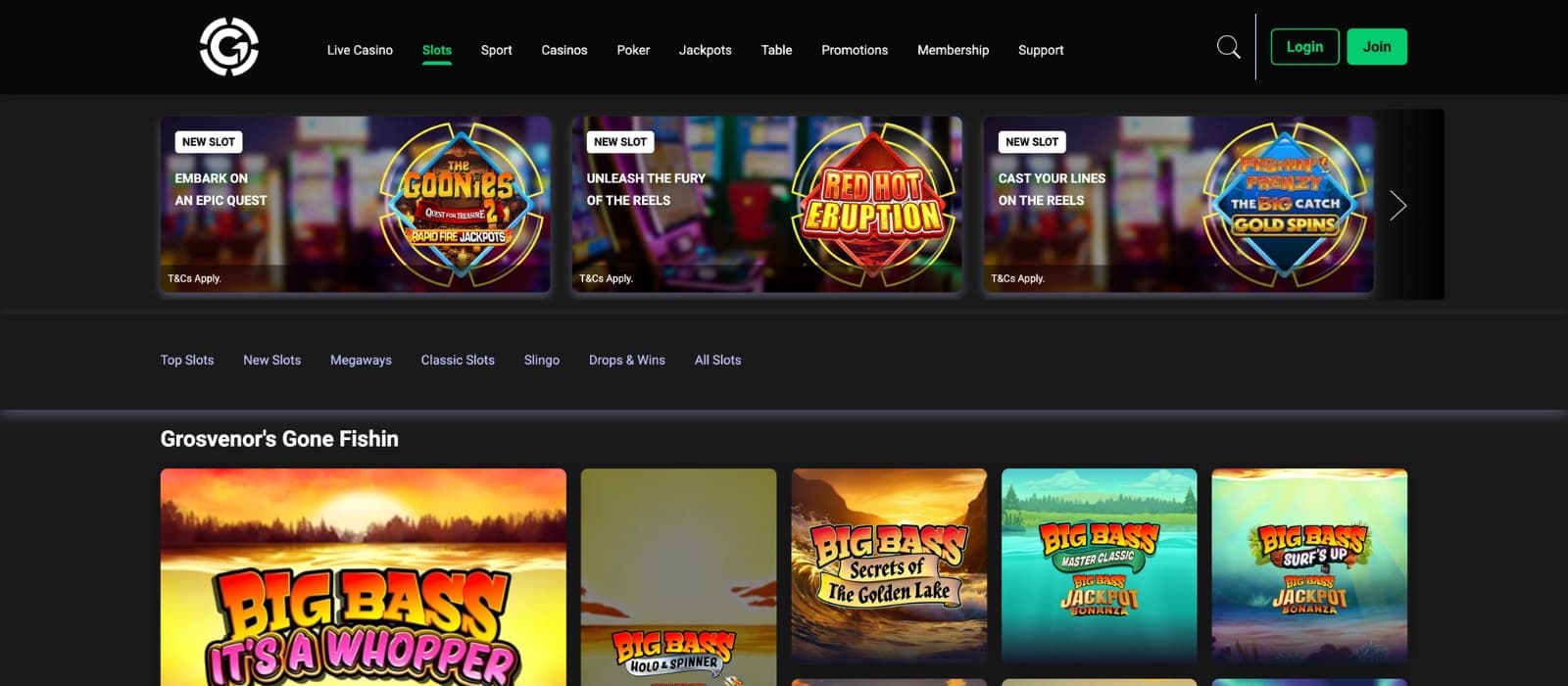 Grosvenor Casinos front screen showing current offers and game categories