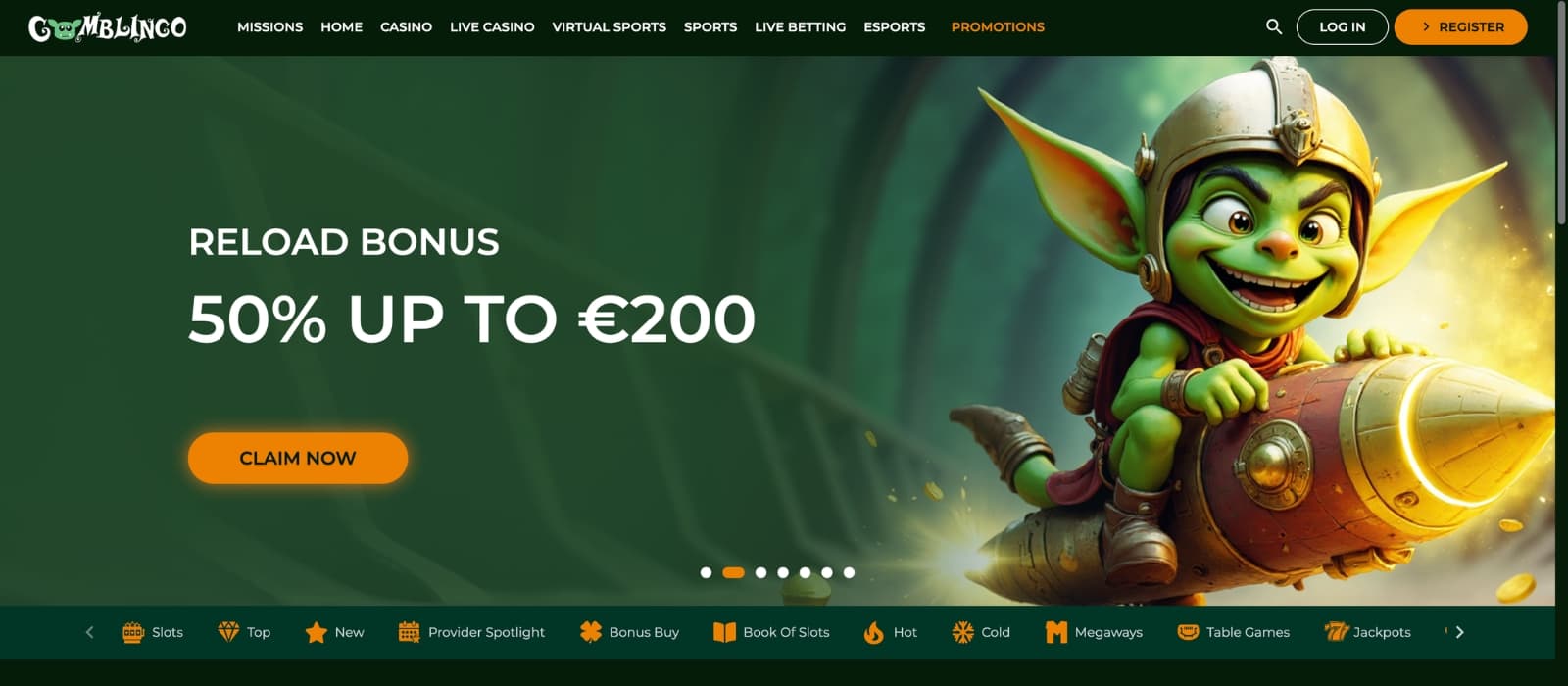 Gomblingo Casino front page highlighting current promotions and navigation