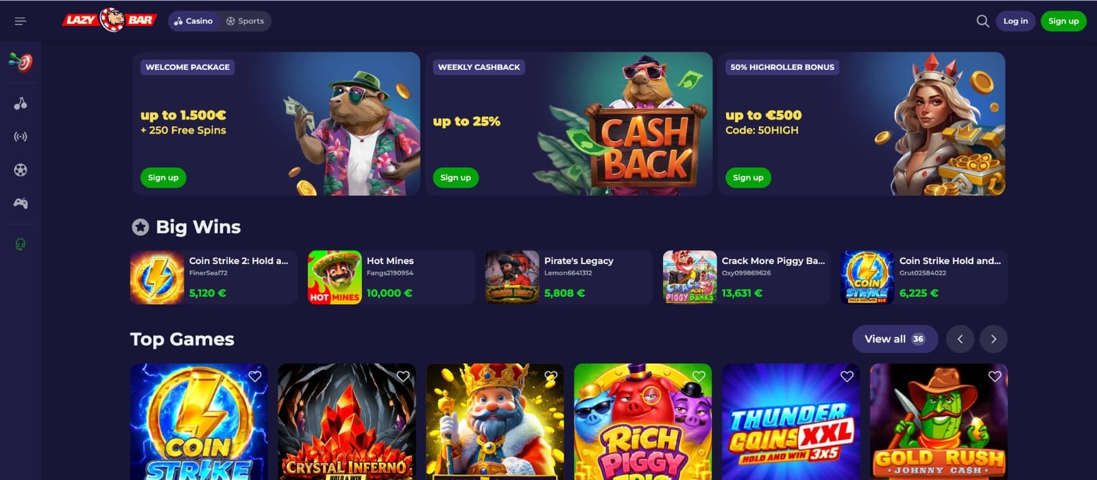 LazyBar Casino homepage showing welcome bonus banner, dark interface, and featured slot games