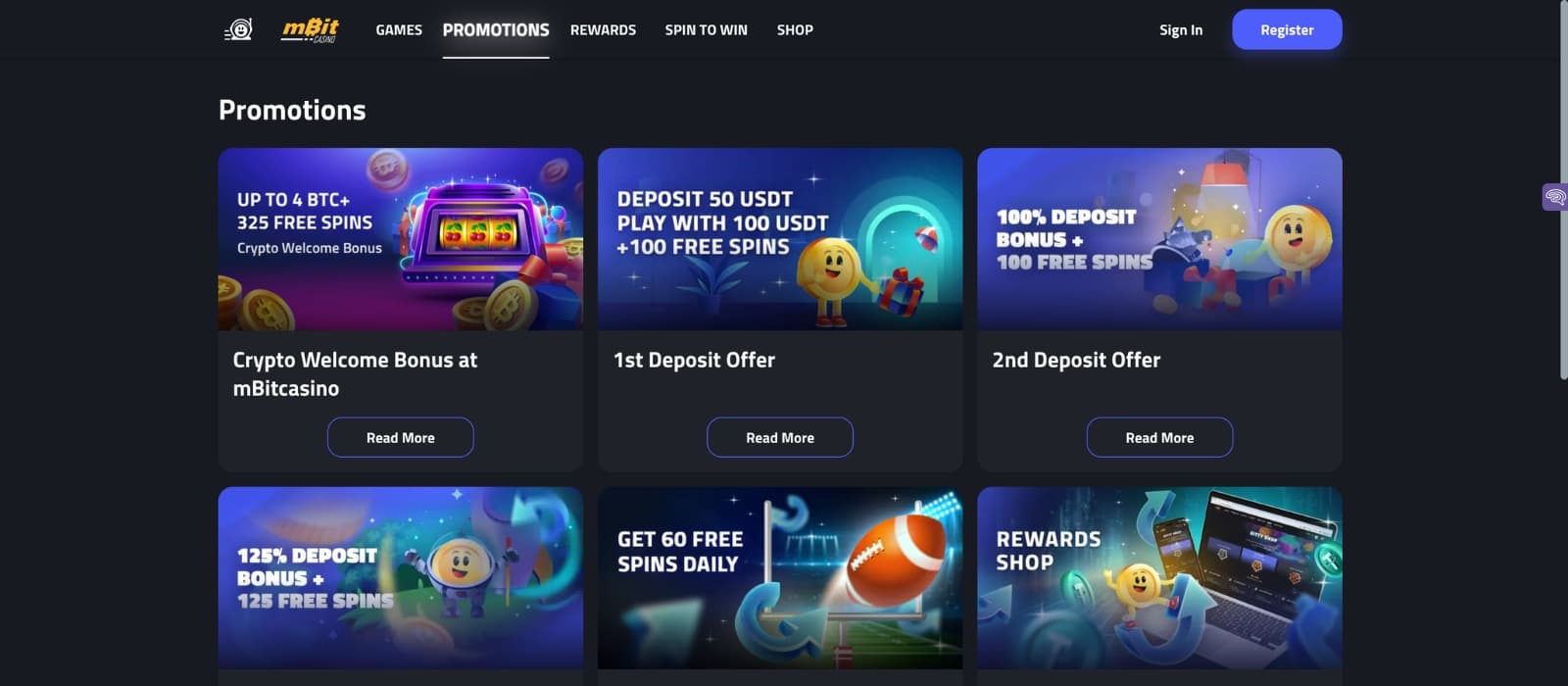 mBit Casino promotions page presenting welcome rewards and free spin offers