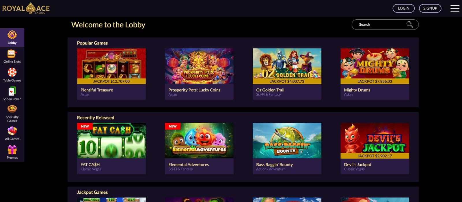 Royal Ace Casino lobby showing slots, table games, video poker and classic casino categories