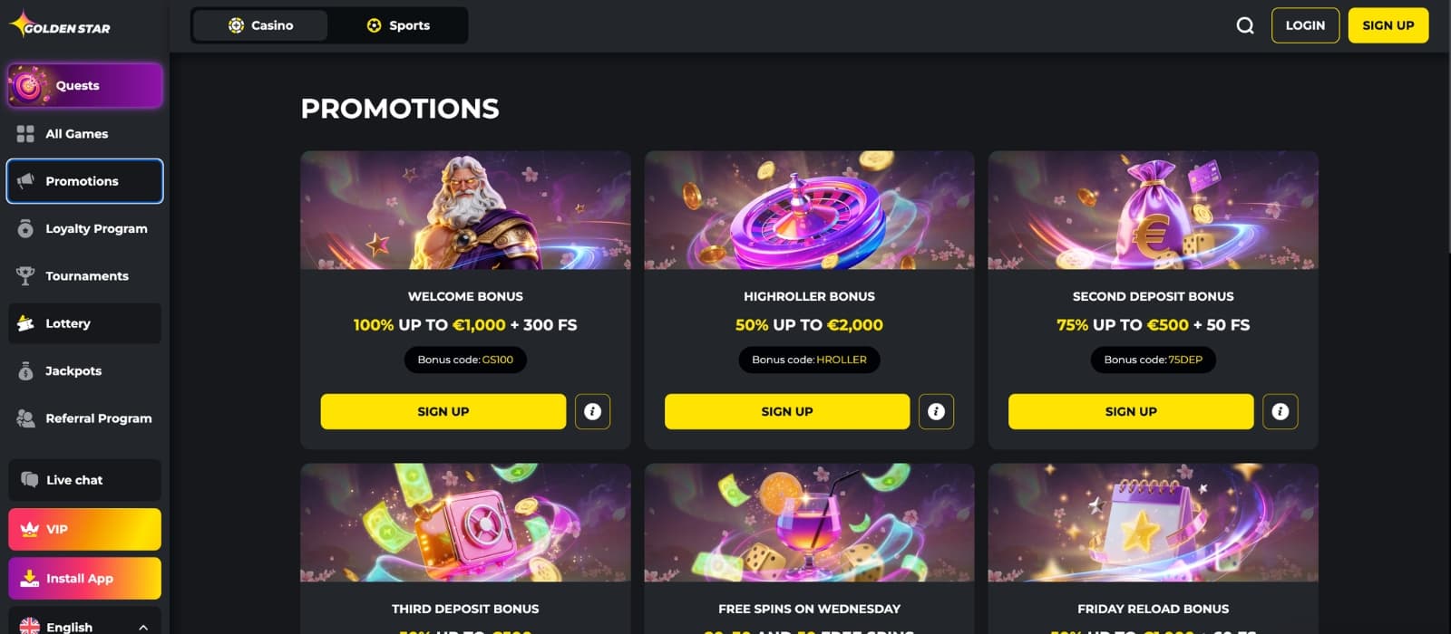 Golden Star Casino bonus page displaying welcome bonuses, free spins offers, cashback deals, and ongoing casino promotions in a modern dark-themed layout.